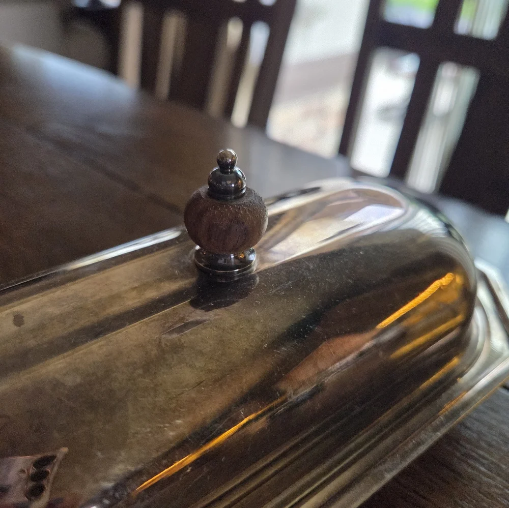 Vintage Silver-Plated Butter Dish With Wooden Finial Handle